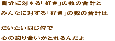 �����ɑ΂���u�D���v�̐��̍��v�� �݂�Ȃɑ΂���u�D���v�̐��̍��v�� �������������ʂ� �S�̒ނ荇�����Ƃ��񂾂�
